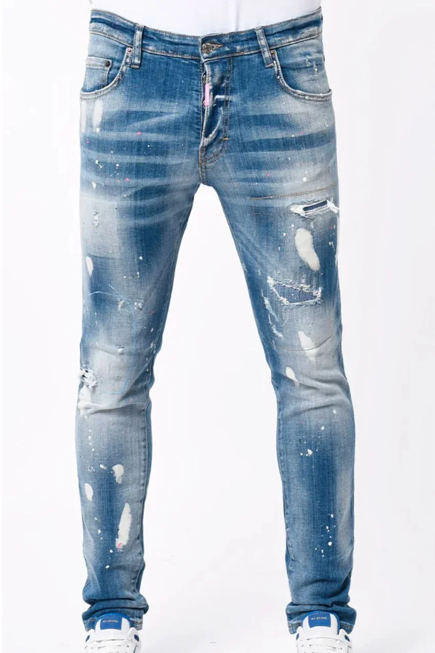 My Brand Skinny Blue Jeans White/Green/Pink Spots