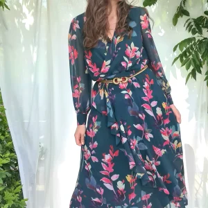 Midi jurk groen met bloemen