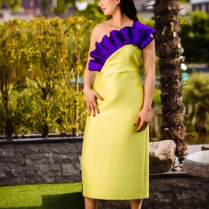 Midi jurk lime paars volant