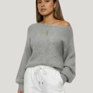 Dames mohair-look trui – off-shoulder