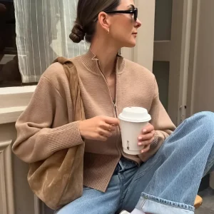 Dames gebreid vest – rits & opstaande kraag