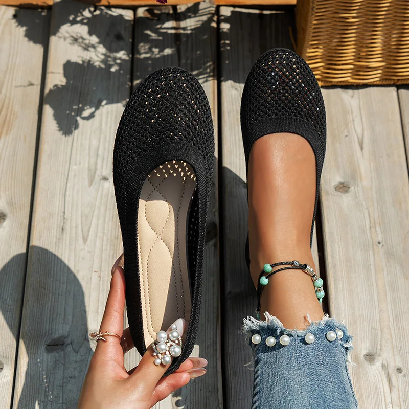 Dames Gebreide Ballerina’s met Ronde Neus – Ademend Instapschoenen in Effen Kleur - Afbeelding 9