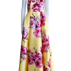 Maxi jurk geel met roze bloemen