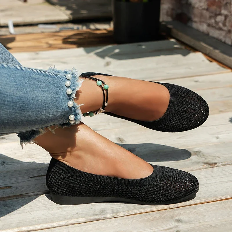 Dames Gebreide Ballerina’s met Ronde Neus – Ademend Instapschoenen in Effen Kleur - Afbeelding 7