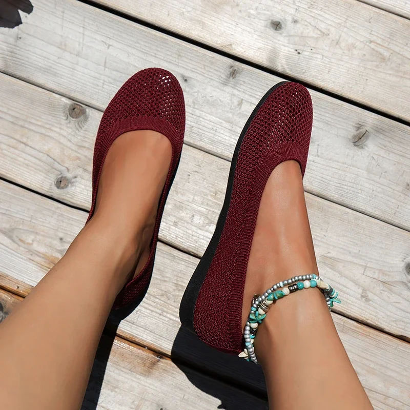 Dames Gebreide Ballerina’s met Ronde Neus – Ademend Instapschoenen in Effen Kleur - Afbeelding 4